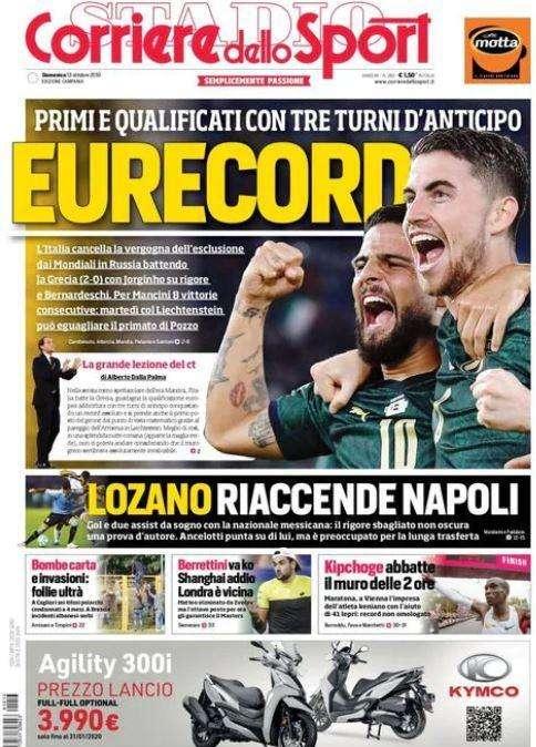 La prima pagina del Corriere dello Sport: "Eurecord"