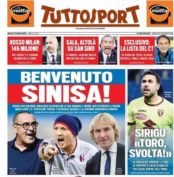 Tuttosport in prima pagina oggi: "Benvenuto Sinisa"
