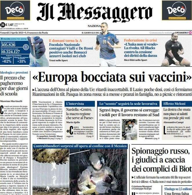 Il Messaggero: "Focolaio Italia, contagiati Vialli-De Rossi. Caos Sassuolo"