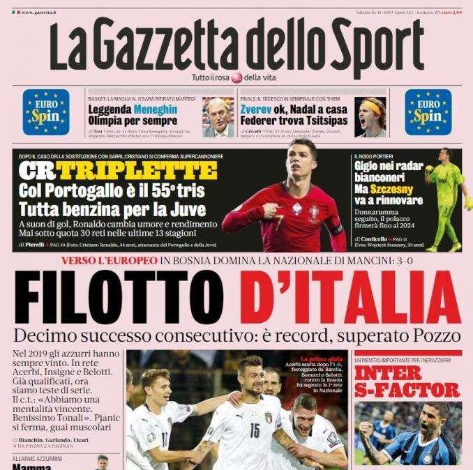 Gazzetta dello Sport in prima pagina: "Filotto d'Italia"