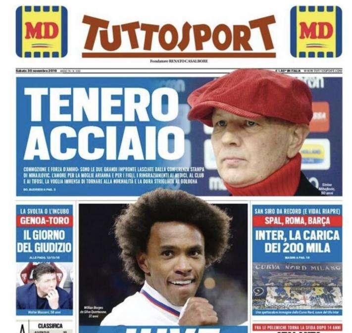 La prima pagina di Tuttosport su Miha: "Tenero acciaio"