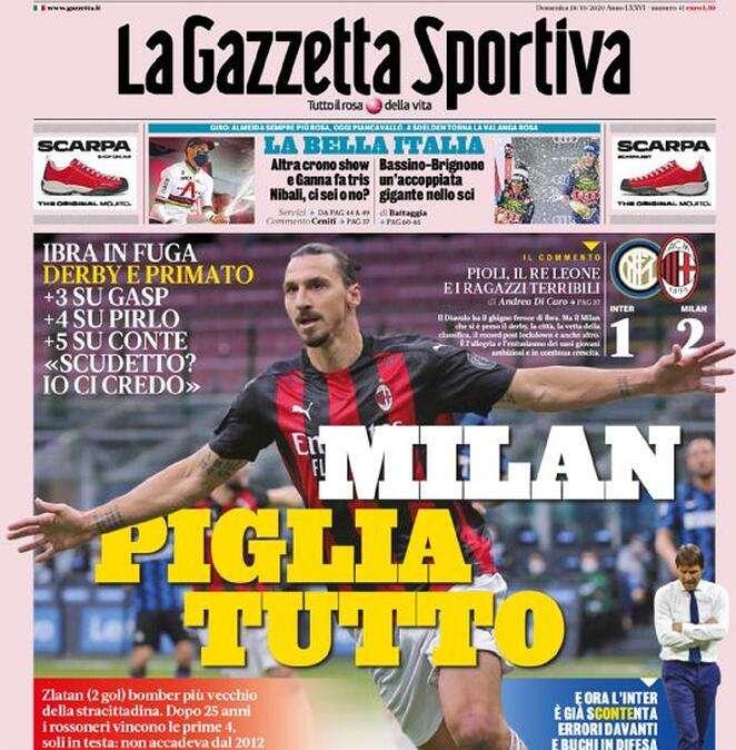 La Gazzetta dello Sport in apertura: "Milan pigliatutto"