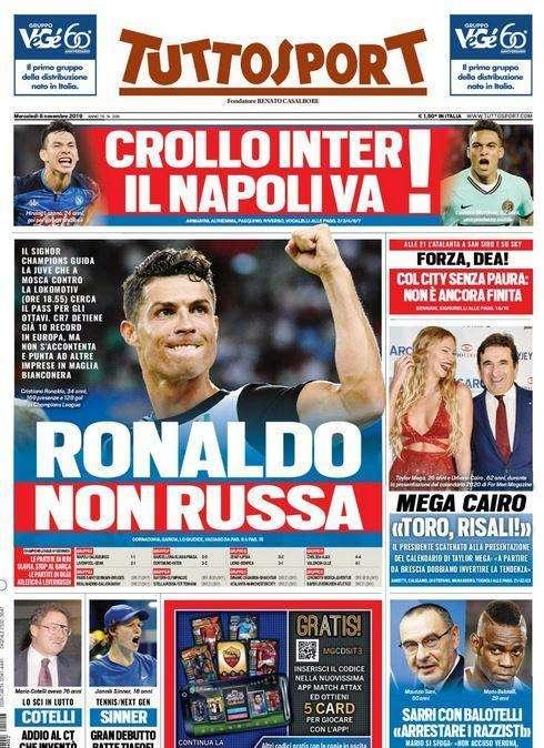 Tuttosport in prima pagina oggi: "Ronaldo non russa"