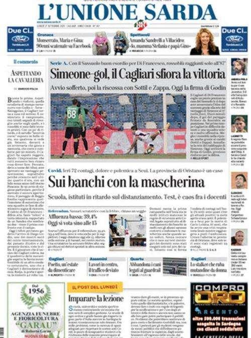 L'Unione Sarda: "Simeone-gol, il Cagliari sfiora la vittoria a Sassuolo"