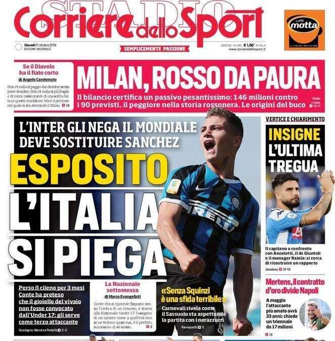 La prima pagina del Corriere dello Sport: "Esposito, l'Italia si piega"