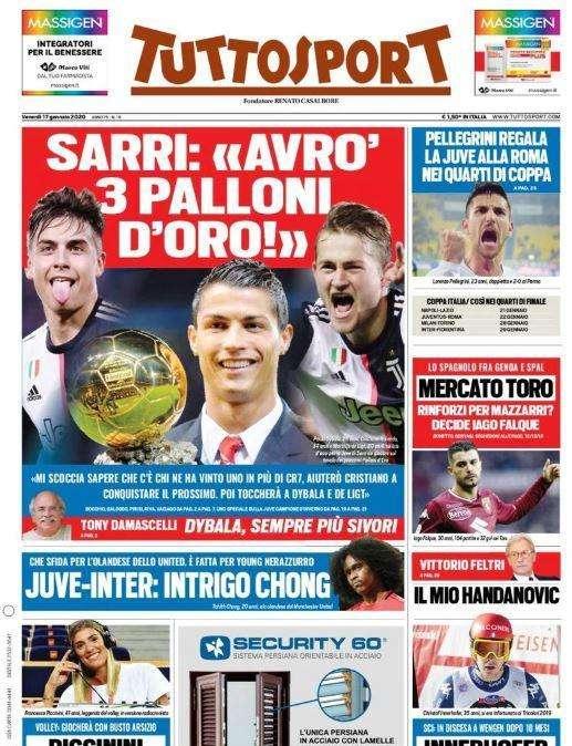 Prima pagina Tuttosport oggi, Sarri: "Avrò 3 Palloni d'Oro!"