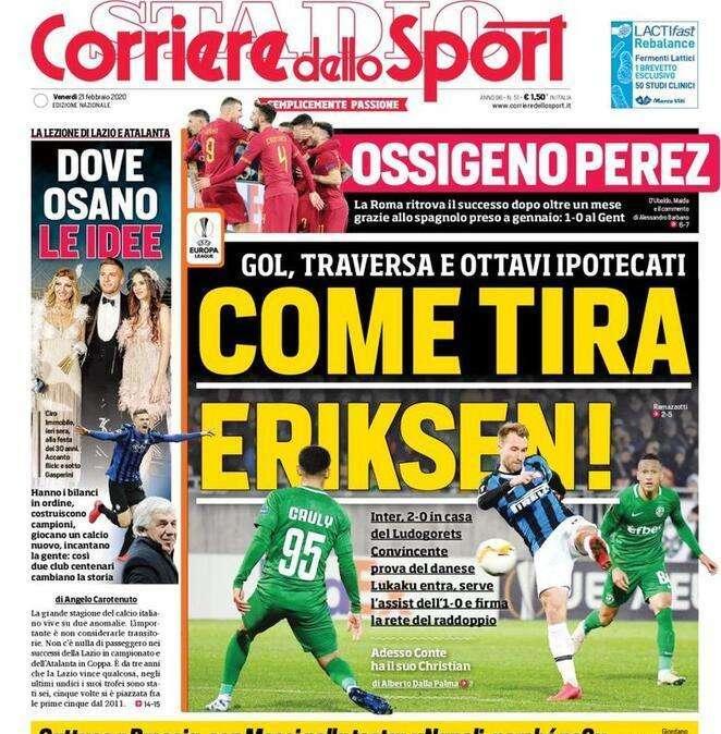La prima pagina del Corriere dello Sport sull'Inter: "Come tira Eriksen"