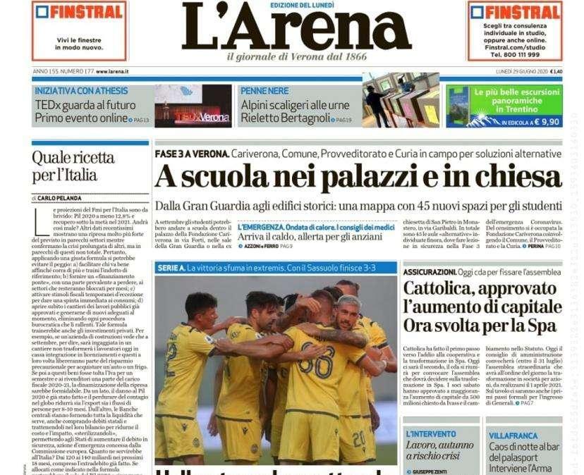 L'Arena: "Hellas, 3 gol e spettacolo. Ma beffa all'ultimo minuto a Sassuolo"