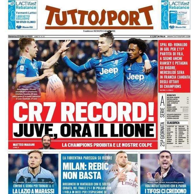 Tuttosport: "CR7 record! Juve, ora a Lione. Toro, non tradire i tifosi"