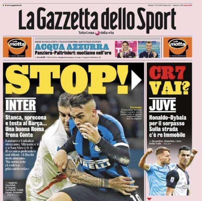 La Gazzetta dello Sport in prima pagina oggi: "Stop"