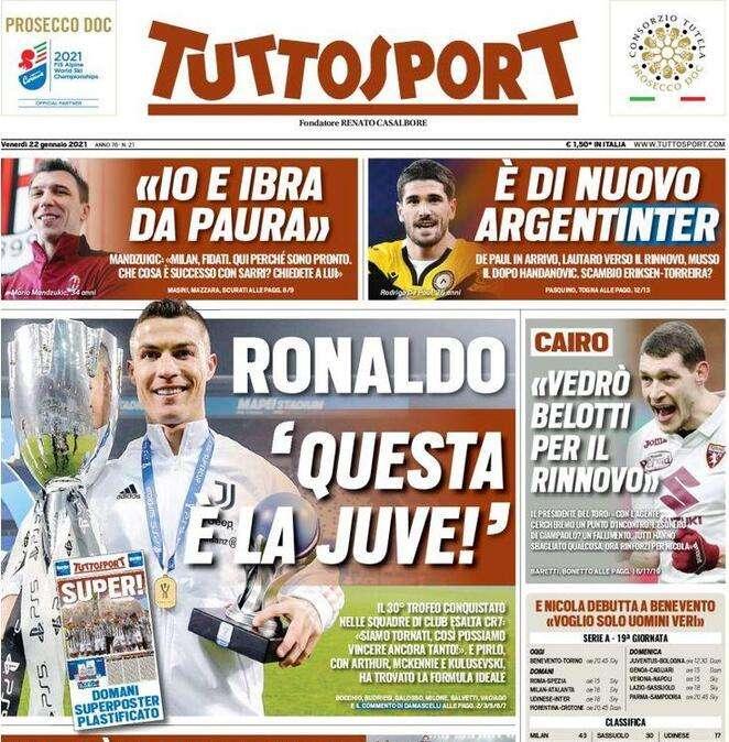 Tuttosport in apertura: "Ronaldo: 'Questa è la Juventus'"