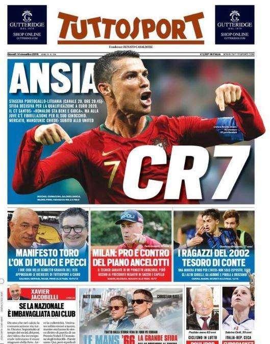 La prima pagina di Tuttosport di oggi: "Ansia CR7"