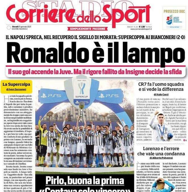 L'apertura del Corriere dello Sport su Juve-Napoli: "Ronaldo è il lampo"