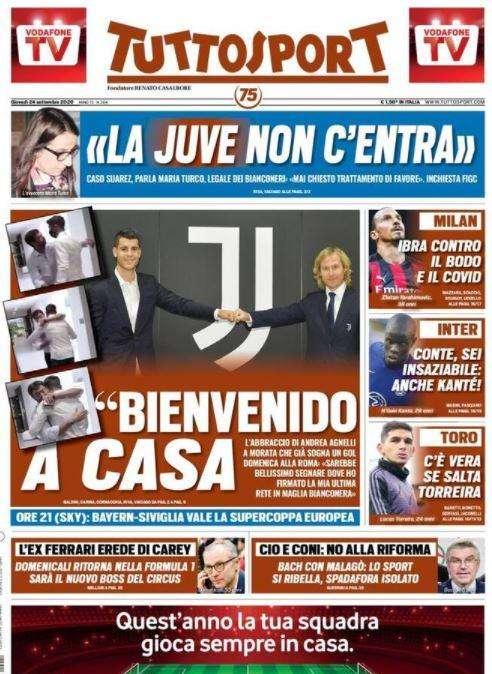 Tuttosport sulla Juventus e Alvaro Morata: "Bienvenido a casa"