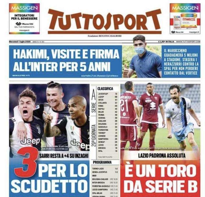 L'apertura di Tuttosport con "3 per lo scudetto" e "È un Toro da Serie B"