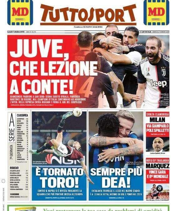 La prima pagina di Tuttosport di oggi: "Juve, che lezione a Conte!"