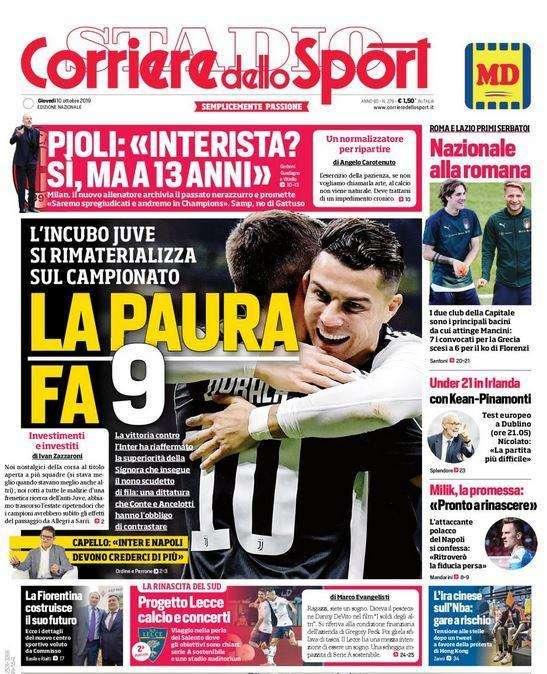 La prima pagina del Corriere dello Sport: "La paura fa 9"