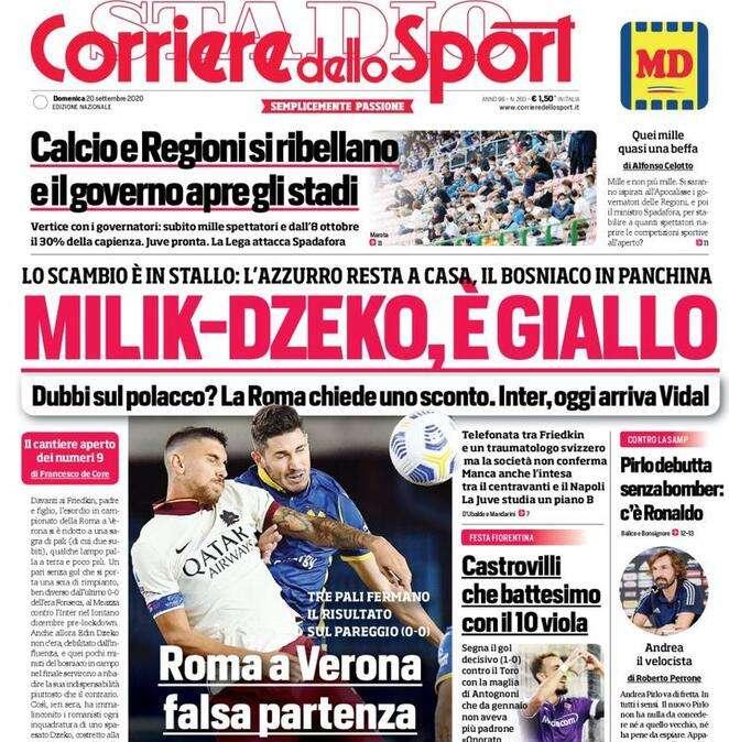 L'apertura del Corriere dello Sport: "Milik-Dzeko: è giallo"