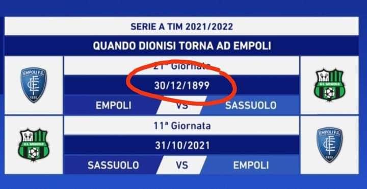 Empoli-Sassuolo il 30/12/1899: la gaffe della Lega al sorteggio dei calendari
