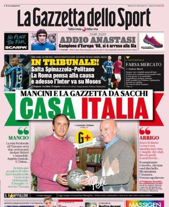 La Gazzetta dello Sport in apertura su Mancini: "Casa Italia"