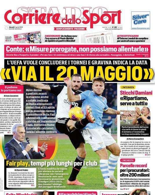 La prima pagina del Corriere dello Sport: "Via il 20 maggio"