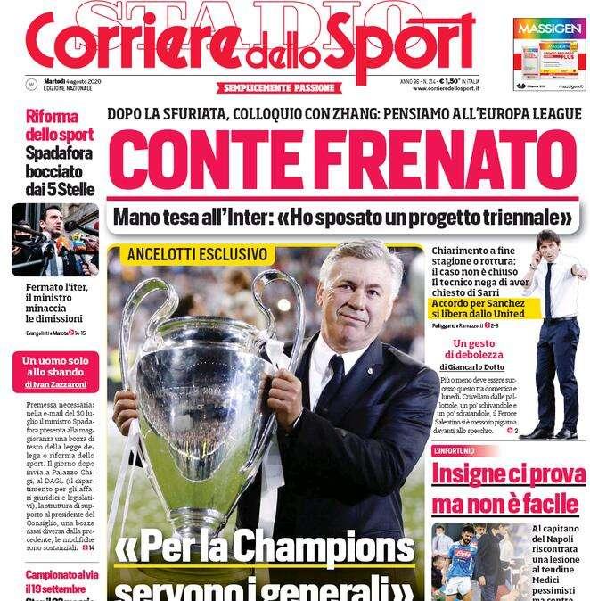 L'apertura del Corriere dello Sport sull'Inter: "Conte frenato"