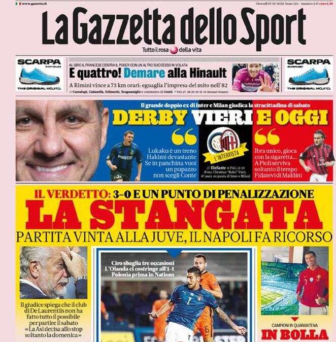 La Gazzetta dello Sport in apertura su Juve-Napoli: "La stangata"