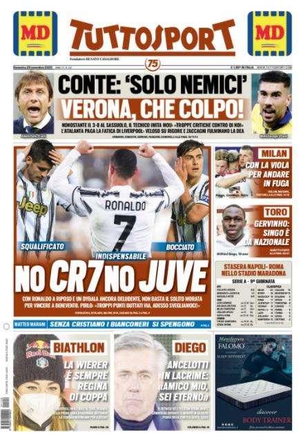 L'apertura di Tuttosport: "No CR7, no Juve. Conte: 'Solo nemici'"