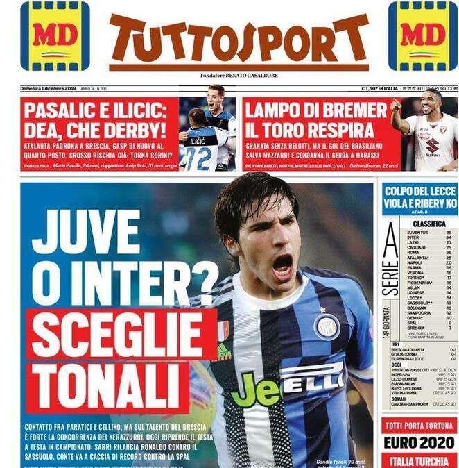 La prima pagina di Tuttosport: "Juve o Inter? Sceglie Tonali"