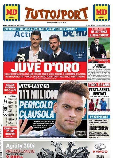 La prima pagina di Tuttosport di oggi: "Juve d'oro"