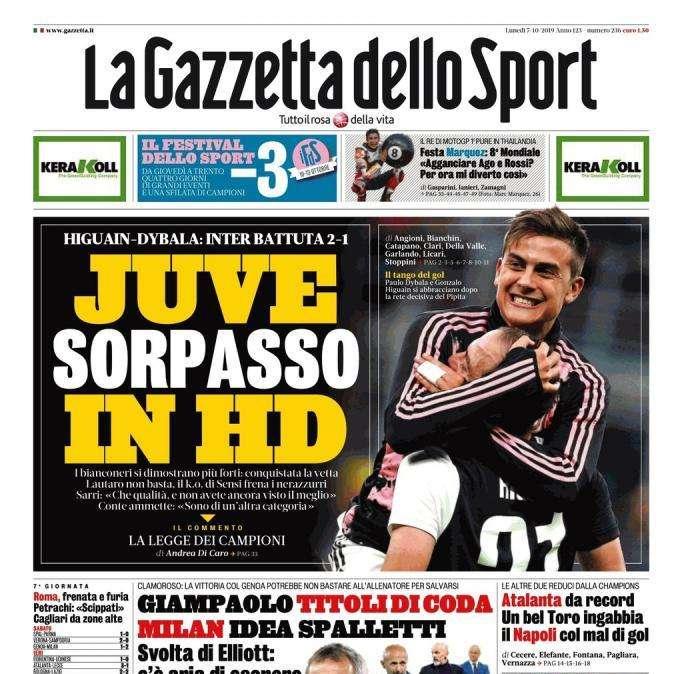 La Gazzetta dello Sport in prima pagina: "Juve sorpasso in HD"