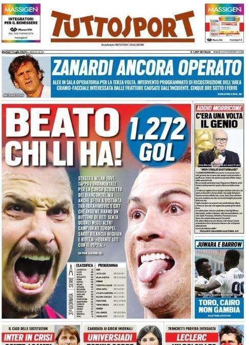 L'apertura di Tuttosport su Cristiano Ronaldo e Ibrahimovic: "Beato chi li ha!"