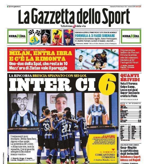 La Gazzetta dello Sport: "Inter ci 6. Super Sassuolo, crolla la Viola"