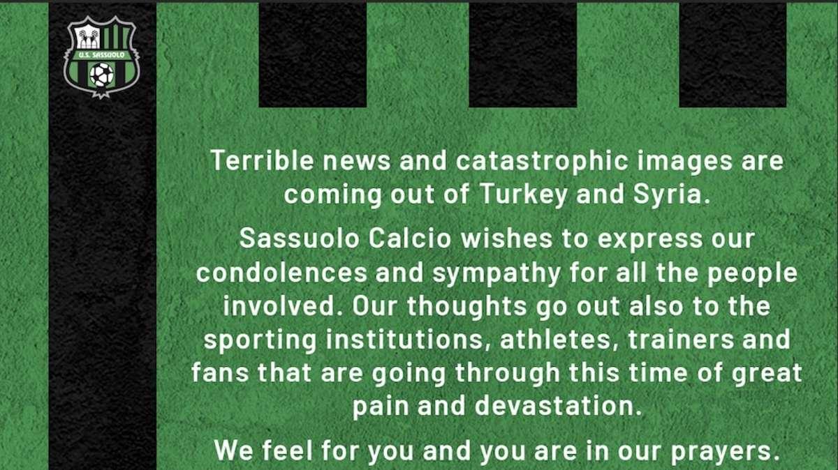 Terremoto in Turchia e Siria: messaggio di solidarietà del Sassuolo Calcio