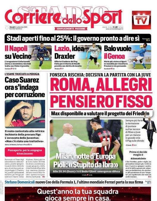 L'apertura del Corriere dello Sport: "Roma, Allegri pensiero fisso"