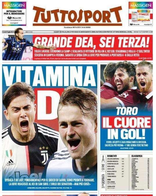 Tuttosport su Juve e granata: "Vitamina D" e "Toro, il cuore in gol!"