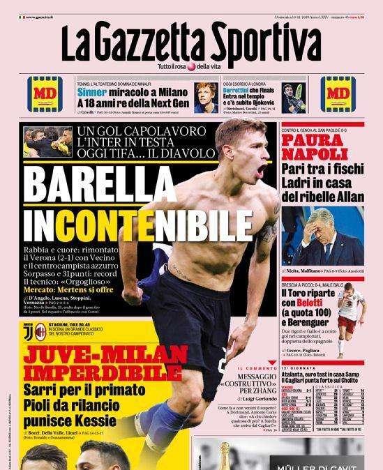 La prima pagina de La Gazzetta dello Sport: "Barella incontenibile"