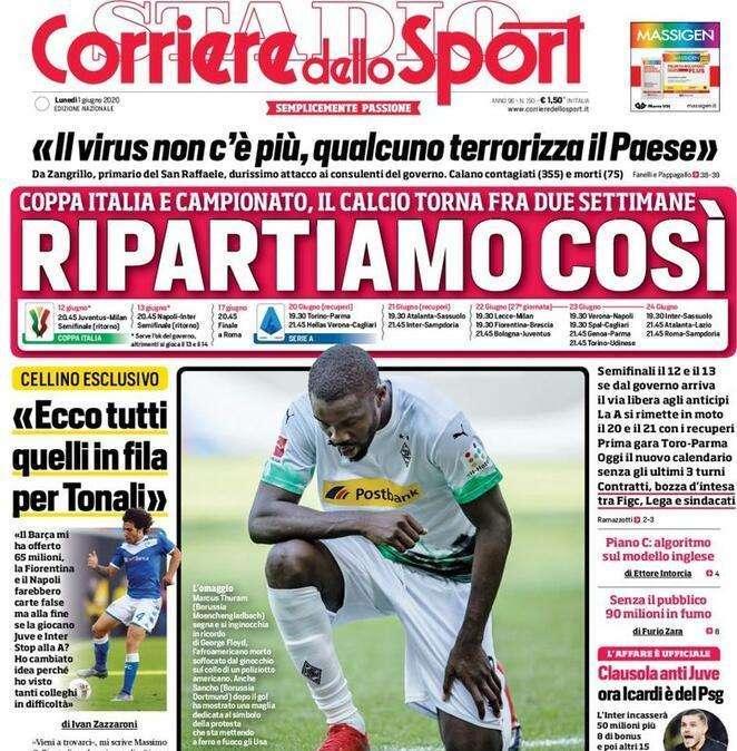 L'apertura del Corriere dello Sport sul calcio italiano: "Ripartiamo così"