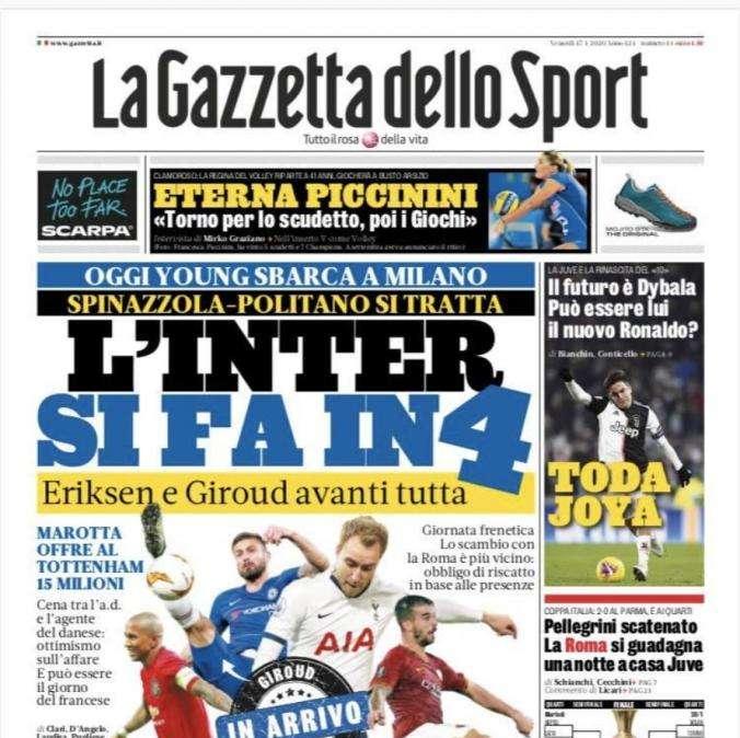 La Gazzetta dello Sport in prima pagina: "L'Inter si fa in 4"