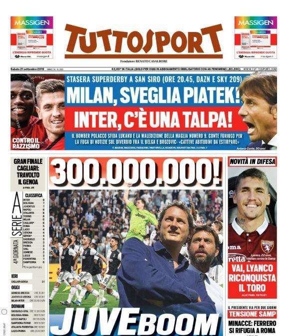 La prima pagina di Tuttosport: "300.000.000! Juveboom"
