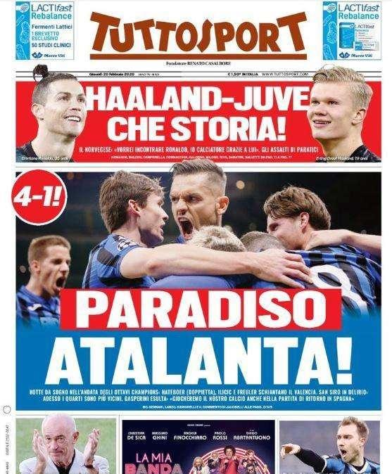 La prima pagina di Tuttosport: "Paradiso Atalanta!"