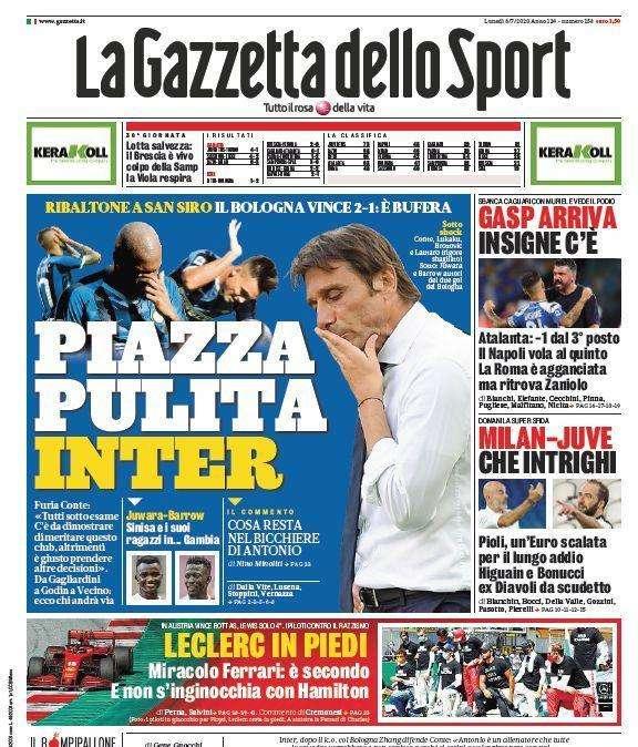 La Gazzetta dello Sport in apertura: "Piazza pulita Inter"