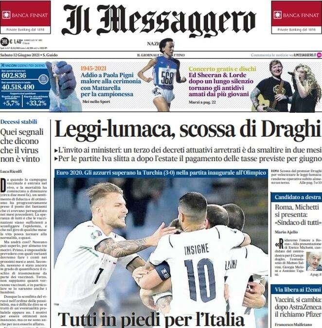 Il Messaggero: "Tutti in piedi per l'Italia: lezione di calcio alla Turchia"