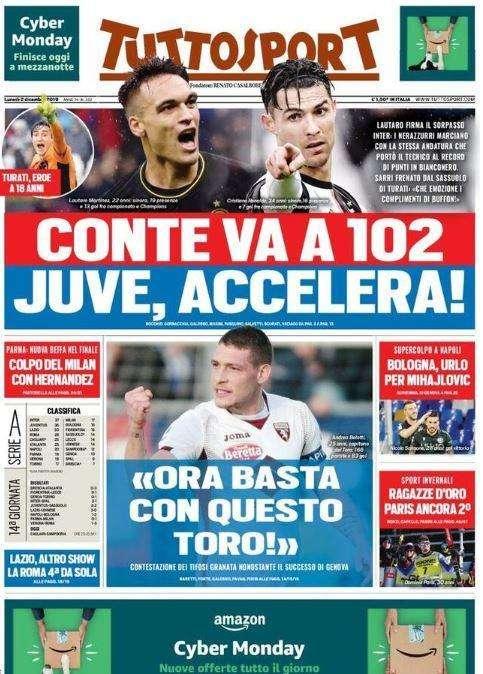 La prima pagina di Tuttosport: "Conte va a 102. Juve, accelera!"