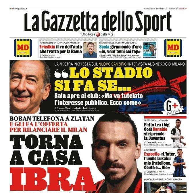 La Gazzetta dello Sport  in prima pagina: "Torna a casa Ibra"