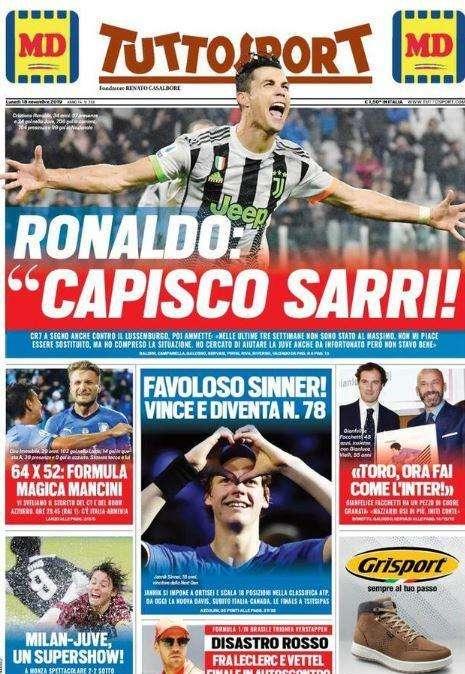 Tuttosport in prima pagina, Cristiano Ronaldo: "Capisco Sarri!"