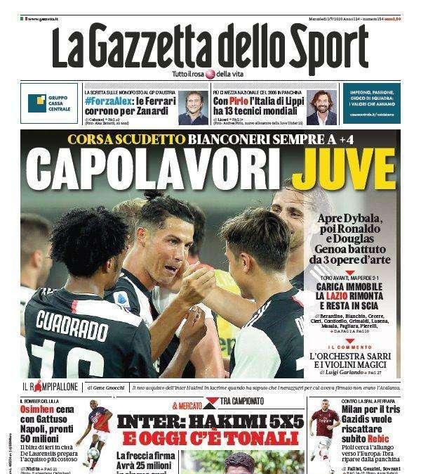 La Gazzetta dello Sport in apertura: "Capolavori Juve"