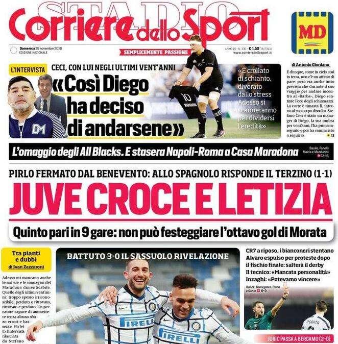 L'apertura del Corriere dello Sport: "Juve croce e Letizia. Conte ritrova l'Inter"