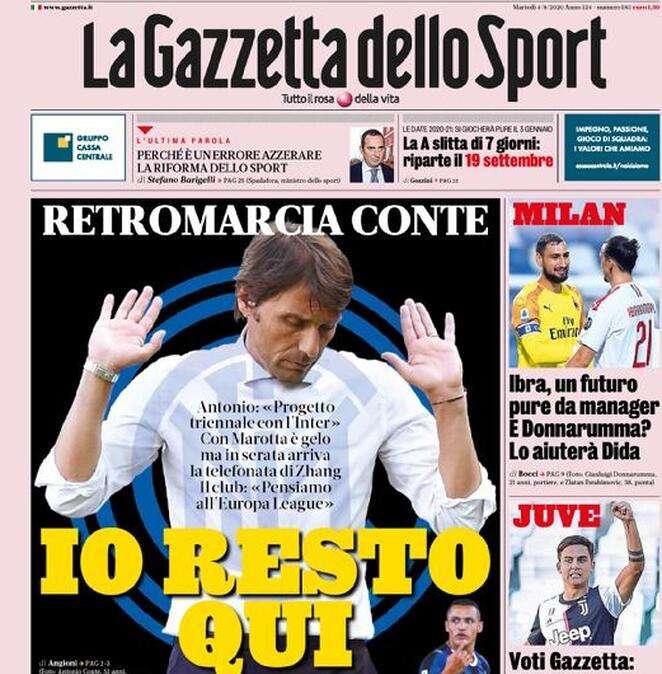 La Gazzetta dello Sport in apertura su Conte: "Io resto qui"