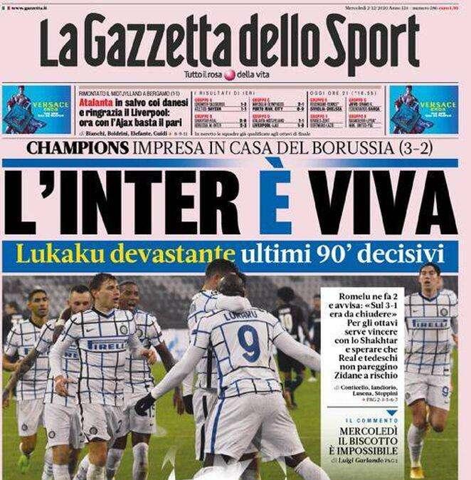 La Gazzetta dello Sport in apertura: "L'Inter è viva"